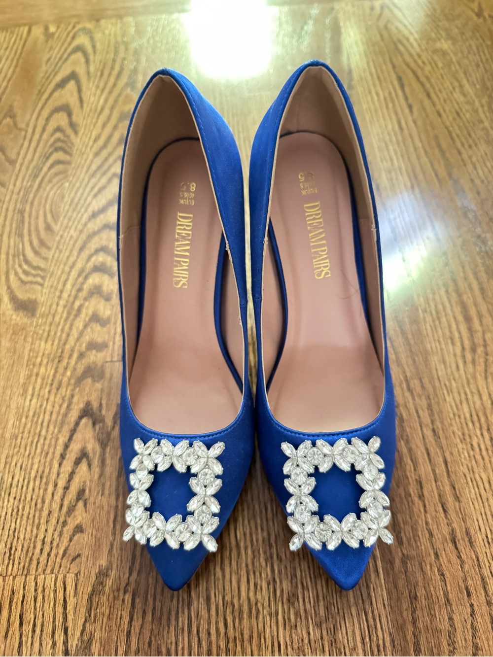 Dream Pairs Blue Satin Pointed Toe Pumps with Crystal Square Embellishment